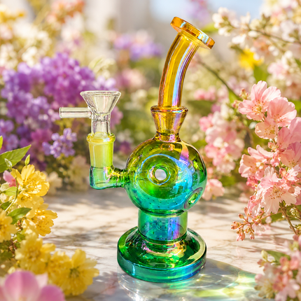 Green Gold Iridescent Orb Glass Water Pipe 14mm Bowl Curved Neck 7.5 inch