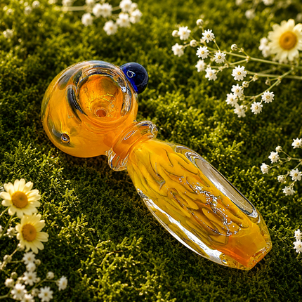 Honey Yellow Riddler Glass Spoon Pipe with Carved Grip – 4 Inch Deep Bowl