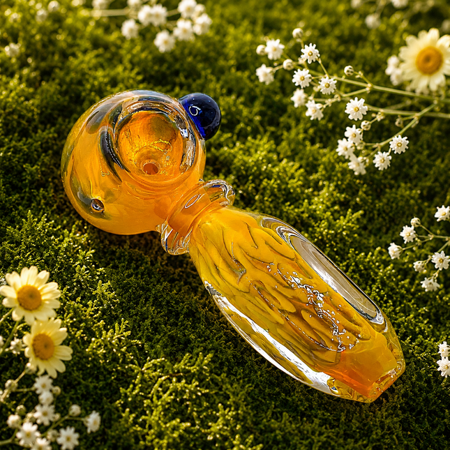 Honey Yellow Riddler Glass Spoon Pipe with Carved Grip – 4 Inch Deep Bowl