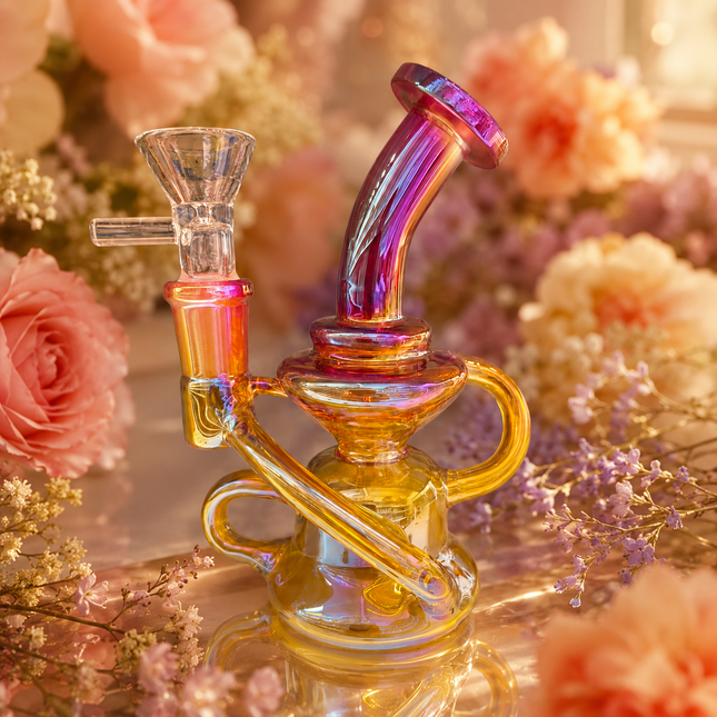 Mini Gold Pink Chrome Recycler Glass Bong with Bowl & Loop Handle - 5 inch