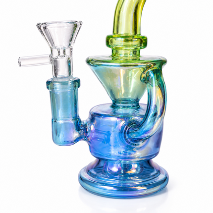 Mini Blue Green Chrome Recycler Glass Bong with Bowl & Loop Handle - 6 inch