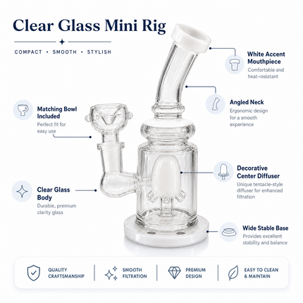Milky White Clear Glass Bong with Octopus Percolator & Bowl - 7 inch