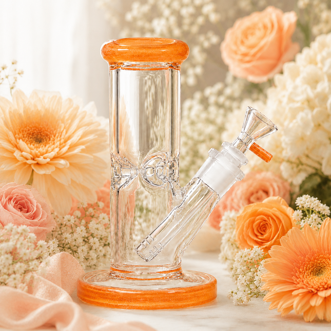 Orange Accent Straight Tube Glass Water Pipe Ice Catcher Downstem 10 inch