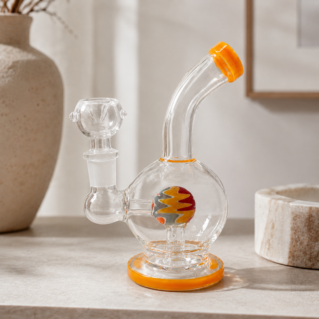 Yellow Orb Perc Mini Glass Water Pipe – 6–6.5 Inch Round Bong with Bowl