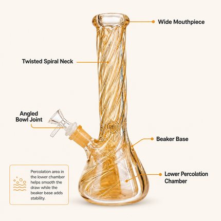 Gold Mirror Chrome Twisted Neck Beaker Glass Water Pipe 14mm Bowl 11 inch