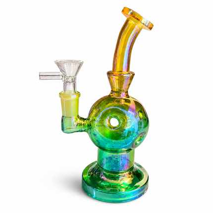 Green Gold Iridescent Orb Glass Water Pipe 14mm Bowl Curved Neck 7.5 inch