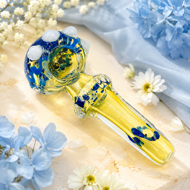 Pale Yellow Blue Gobblin Glass Spoon Pipe with White Marble Accents - 4.5 inch
