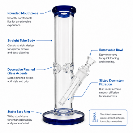 Dark Blue Accent Straight Tube Glass Water Pipe Ice Catcher 14mm Bowl 11 inch