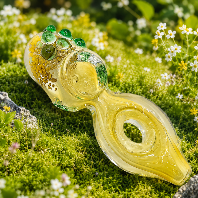 Golden Loop Glass Hand Pipe with Green Bubble Accents – 4 Inch