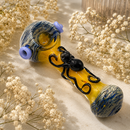 Amber Spider Glass Spoon Pipe with Marbled Ends – 5 Inch Hand Pipe Deep Bowl
