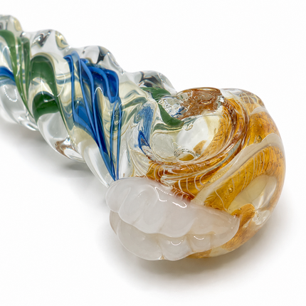 Amber White Ribbon Grip Glass Spoon Pipe – 4 Inch Hand Pipe