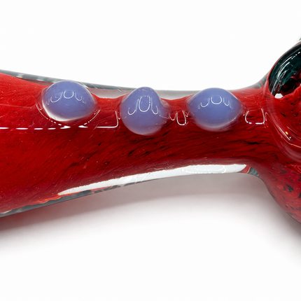 Red Frit Glass Spoon Pipe with White Marbles and Lavender Dots - 5 Inch