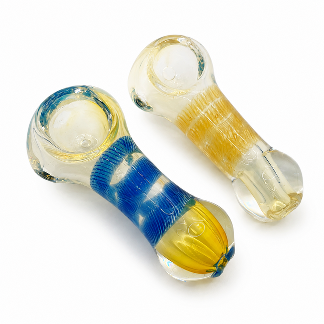[2PC Bundle] Blue Frost Drift Handcraft Glass Pipes Blue Clear Yellow 3 inch
