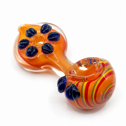 Amber Rainbow Stripe Glass Spoon Pipe with Black Dot Grips - 5 Inch