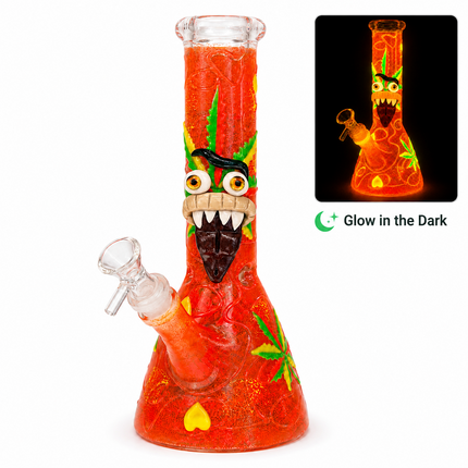[Glow in the Dark] Goblin Face Beaker Glass Water Pipe Orange Art Glass 11 inch