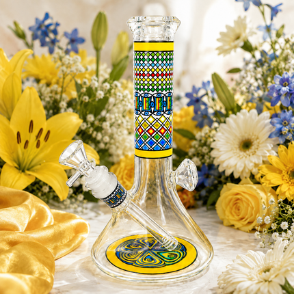 Solar Temple Aztec Mandala Glass Bong Yellow Clear 10 Inch