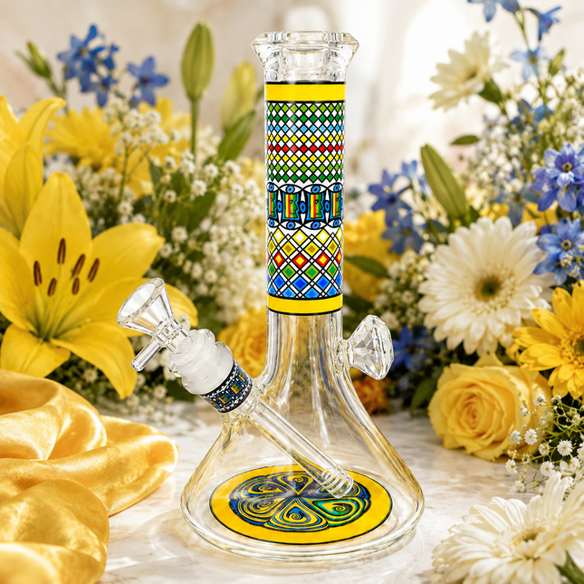 Solar Temple Aztec Mandala Glass Bong Yellow Clear 10 Inch