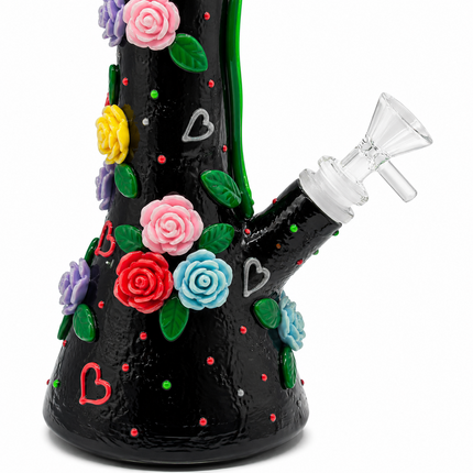 [Glow in the Dark] Midnight Bloom Rose Black Beaker Hookah - 10 Inch