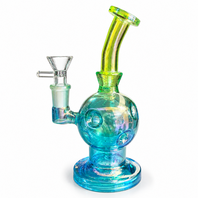 Blue Green Iridescent Orb Glass Water Pipe 14mm Bowl Curved Neck 7.5 inch