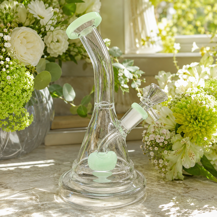 Mint Green Glass Water Pipe Clear Disc Percolator Bent Neck 7 inch