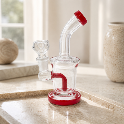 Red Accent Clear Mini Glass Water Pipe – 6–6.5 Inch Compact Bong with Bowl