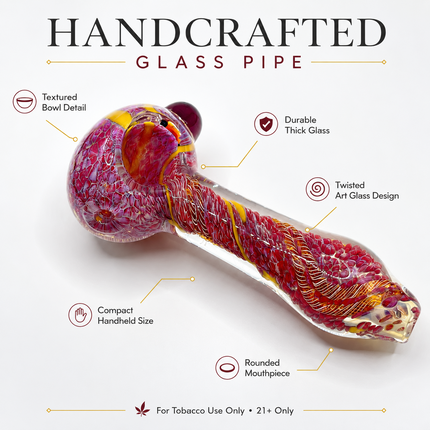 Crimson Red Yellow Web Twist Glass Spoon Pipe with Marble Accent - 4.5 inch