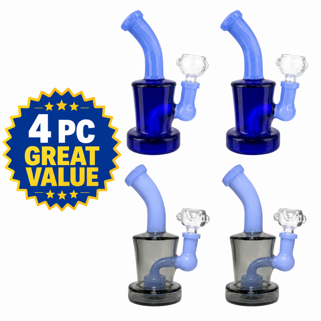 [4PC Bundle] Blue/Light Blue + Smoke/Light Blue Mini Glass Water Pipe Set