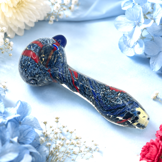Sapphire Blue Crimson Web Twist Glass Spoon Pipe with Marble Accent - 4.5 inch