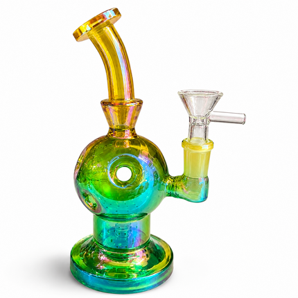 Green Gold Iridescent Orb Glass Water Pipe 14mm Bowl Curved Neck 7.5 inch
