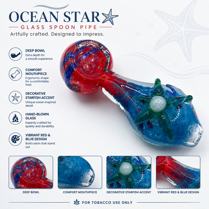 Crimson Tide Starfish Handcraft Glass Pipe Red Blue 4-4.5 inch