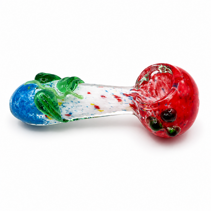 Red Blue Confetti Glass Spoon Pipe with Green Leaf Accents - 4 inch
