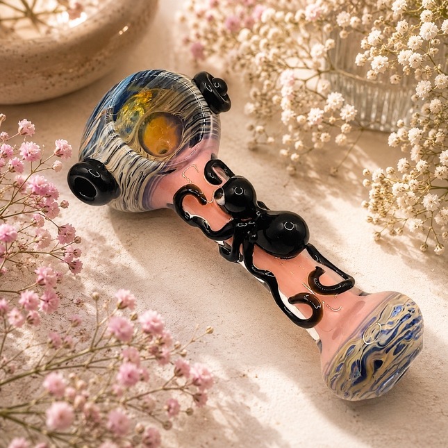 Pink Spider Glass Spoon Pipe with Marbled Ends – 5 Inch Hand Pipe Deep Bowl