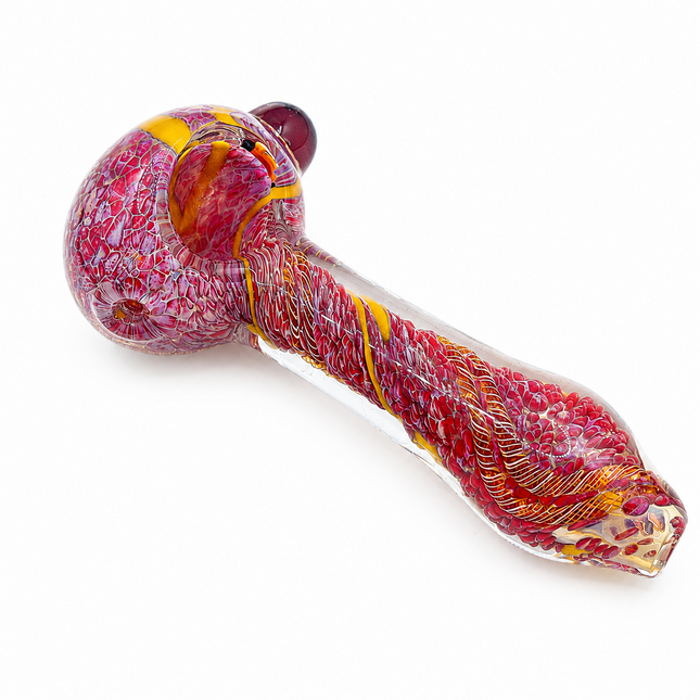 Crimson Red Yellow Web Twist Glass Spoon Pipe with Marble Accent - 4.5 inch