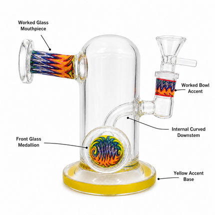Yellow Rainbow Wig Wag Accent Glass Water Pipe Yellow Base 14mm - 7 inch