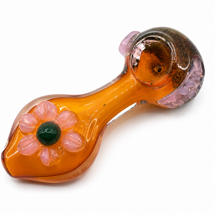Amber Daisy Glass Spoon Pipe Pink Flower Accent 5 Inch Hand Pipe