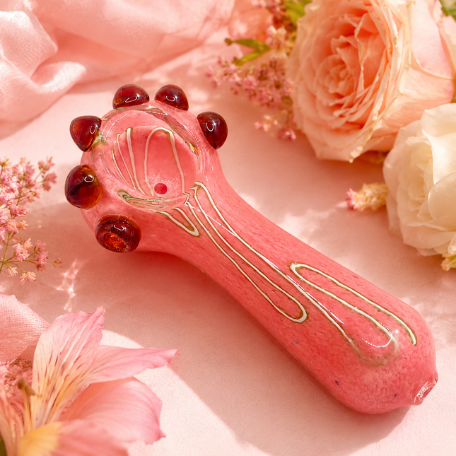 Pink Glass Palm Hand Pipe Amber Dot Spoon Pipe - 4.5 inch