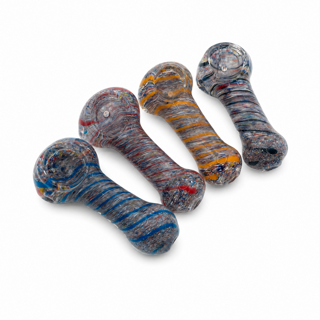 4 PC Glass Spoon Hand Pipe Multicolor Spiral Stripe Assorted Designs - 3 inch