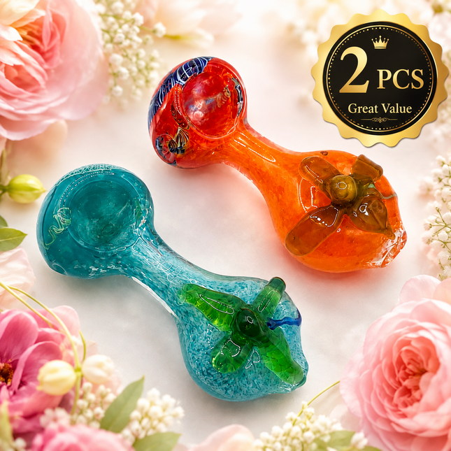 [2PC Bundle] Aqua Sunset Garden Bloom Glass Hand Pipes Assorted Colors 4 Inch