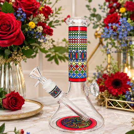 Ruby Vision Aztec Mandala Glass Bong Red Clear - 10 Inch