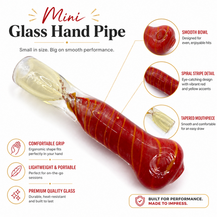 Ruby Gold Handcraft Glass Chillum Pipe Red Yellow Spiral 3~3.5 inch