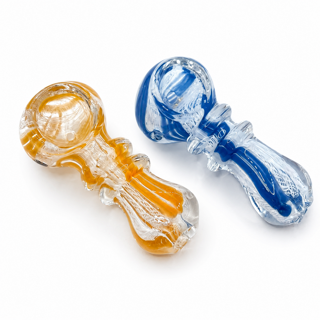 [2PC Bundle] Golden Sky Ribbon Glass Hand Pipes Amber Blue Clear 3 Inch