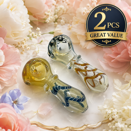 [2PC Bundle] Ribbon Coil Swirl Body Glass Hand Pipe Set Clear Amber Blue
