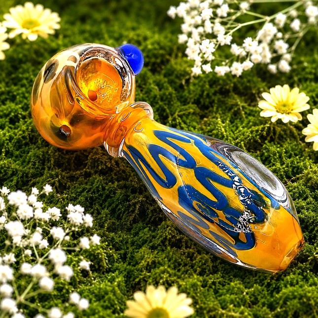 Honey Blue Riddler Glass Spoon Pipe with Carved Grip – 4 Inch Deep Bowl