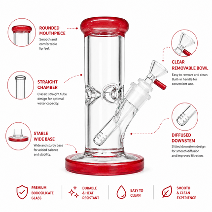 Red Accent Straight Tube Glass Water Pipe Ice Catcher Downstem 10 inch