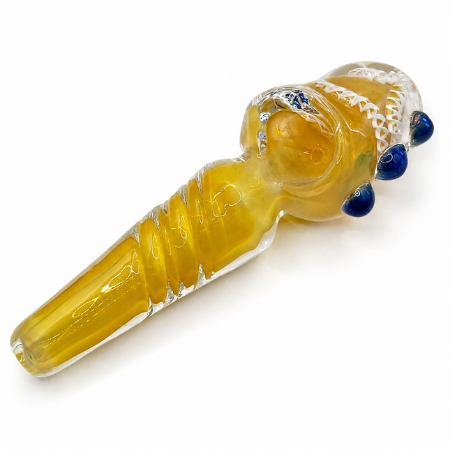 Golden Ribbon Amber Glass Spoon Pipe – 4 Inch Hand Pipe Blue Accent