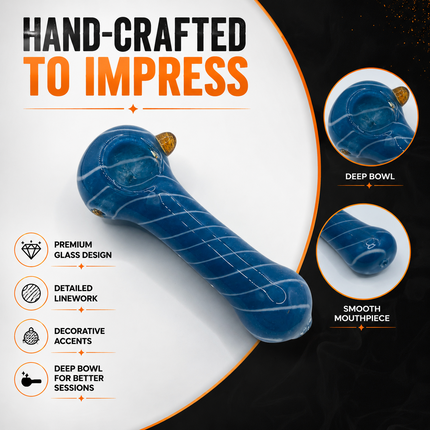 Ocean Blue White Spiral Glass Spoon Pipe with Amber Accent – 4.5 Inch Hand Pipe