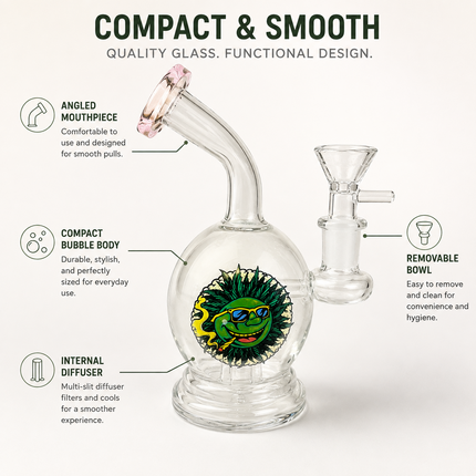 Pink Accent Sun Face Round Bubbler Glass Water Pipe 14mm - 6 inch