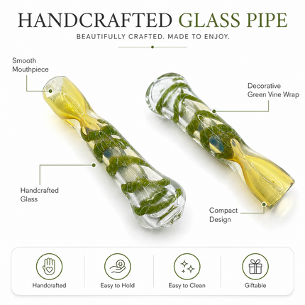 Emerald Vine Handcraft Glass Chillum Pipe Clear Green Wrapped 3~3.5 inch