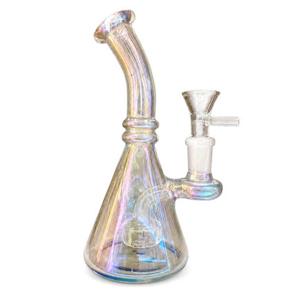 Rainbow Mirror Chrome Bent Neck Beaker Glass Water Pipe 14mm Bowl 8 Inches