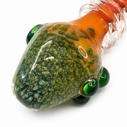 Clear Fumed Orange Glass Spoon Pipe with Green Marbles and Ribbed Grip - 5 Inch
